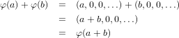 φ(a)+ φ(b) =   (a,0,0,...)+ (b,0,0,...)

           =   (a + b,0,0,...)
           =   φ(a+ b)
