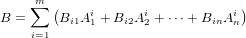     m∑  (    i      i           i)
B =     Bi1A 1 + Bi2A2 +⋅⋅⋅+ BinAn
    i=1
