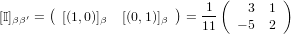                                (       )
    ′  (                )   -1    3  1
[I]ββ =   [(1,0)]β  [(0,1)]β   = 11   − 5 2
