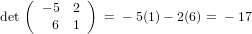     ( − 5 2 )
det    6  1   =  − 5(1) − 2(6) = − 17
