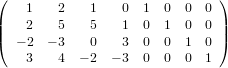 (   1    2   1    0 1  0  0  0 )
|   2    5   5    1 0  1  0  0 |
|(  − 2 − 3   0    3 0  0  1  0 |)
    3    4  − 2 − 3 0  0  0  1
