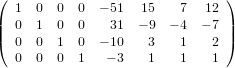 (                              )
   1 0  0  0  − 51  15   7  12
||  0 1  0  0   31  − 9  − 4 − 7 ||
(  0 0  1  0  − 10   3   1   2 )
   0 0  0  1   − 3   1   1   1
