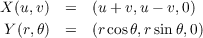 X(u,v)  =  (u+ v,u - v,0)
Y (r,θ)  =  (rcosθ,rsin θ,0)
