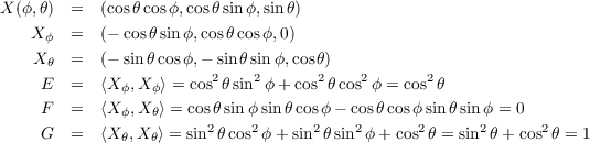X (ϕ,θ)  =  (cosθcosϕ,cosθsin ϕ,sin θ)
   X    =  (- cosθsin ϕ,cos θcosϕ,0)
     ϕ
    Xθ  =  (- sin θcosϕ,- sinθsinϕ,cosθ)
     E  =  ⟨X ϕ,Xϕ⟩ = cos2θsin2ϕ+ cos2θcos2ϕ = cos2θ
     F  =  ⟨X ϕ,Xθ⟩ = cosθsinϕsinθcosϕ - cosθcosϕsin θsin ϕ = 0
     G  =  ⟨X  ,X  ⟩ = sin2 θcos2 ϕ+ sin2 θsin2ϕ + cos2 θ = sin2 θ+ cos2 θ = 1
              θ  θ
