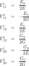 Γ 1  =   Eu-
 11      2E
Γ 2  =  - Ev-
 11       2G
Γ 1  =   Ev-
 12      2E
Γ 2  =   Gu-
 12      2G
 1        Gu-
Γ22  =  - 2E
 2       Gv-
Γ22  =   2G
