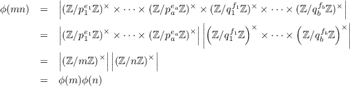            |                                                   |
ϕ(mn )  =  ||(ℤ ∕pe1ℤ)× × ⋅⋅⋅× (ℤ∕peaℤ)× ×(ℤ∕qf1ℤ)× × ⋅⋅⋅× (ℤ∕qfbℤ)×||
                1              a     |    1               b     |
        =  ||(ℤ ∕pe1ℤ)× × ⋅⋅⋅× (ℤ∕peaℤ)×||||(ℤ∕qf1ℤ)× × ⋅⋅⋅× (ℤ ∕qfbℤ)× ||
           |    1              a    ||    1               b     |
           ||      × ||||     × ||
        =  |(ℤ ∕mℤ ) ||(ℤ∕nℤ ) |
        =  ϕ(m )ϕ(n)
