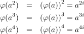 φ(a2) =   (φ(a))2 = a2i
φ(a3) =   (φ(a))3 = a3i
   4           4   4i
φ(a ) =   (φ(a)) = a
