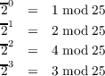 -0
2   =  1 mod 25
21  =  2 mod 25
22  =  4 mod 25
-3
2   =  3 mod 25
