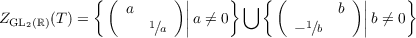             { (       ) ||    } ⋃ { (        ) ||    }
ZGL2(ℝ)(T ) =    a  1    ||a ⁄= 0         1   b  ||b ⁄= 0
                    ∕a                - ∕b
