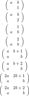   (  a  b)
       1
  (      )
     a  b
  (    2 )
       1
     a  b
  (    2 )
     a  b
 (         )
   a  b+ 1
 ( a     b )
   a  b+ 2
   a     b
( 2a  2b+ 1 )
   a      b
(           )
  2a  2b+ 2
   a      b
