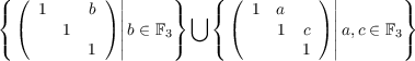 ( (          )|     )    ( (         ) |       )
{    1     b  ||     } ⋃  {   1  a      ||       }
( (     1    )||b ∈ F3)   ( (    1  c ) ||a,c ∈ F3)
           1  |                    1   |
